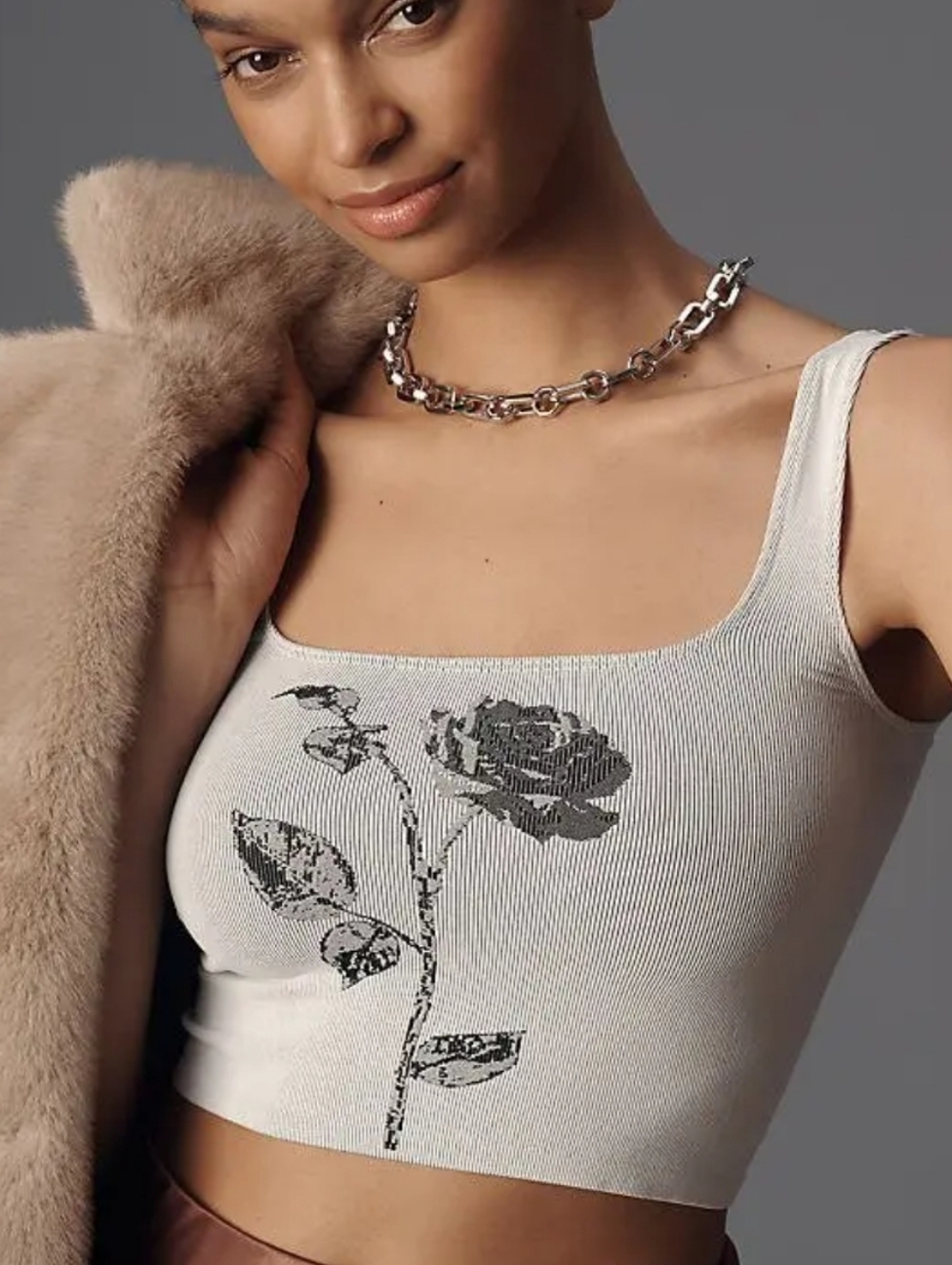 Anthropologie Cream Ribbed Rose Graphic Crop Tank
